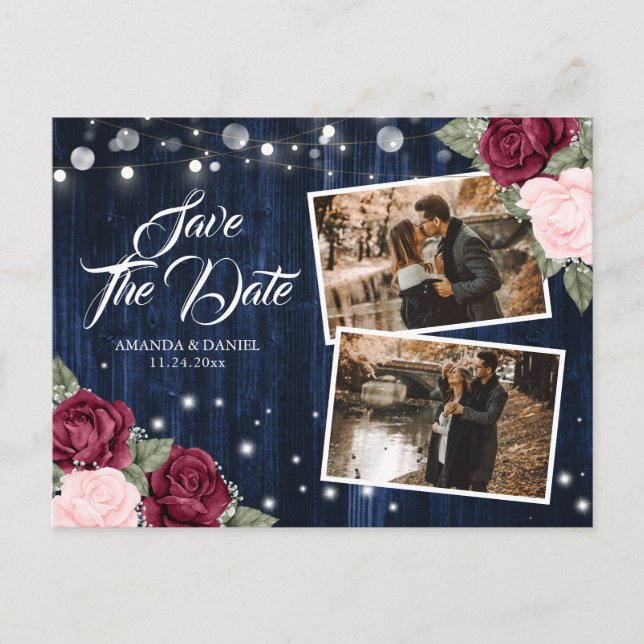 Cartão Postal De Anúncio Foto De Casamento De Blush Blue Burgundy, Marinho  (Frente)