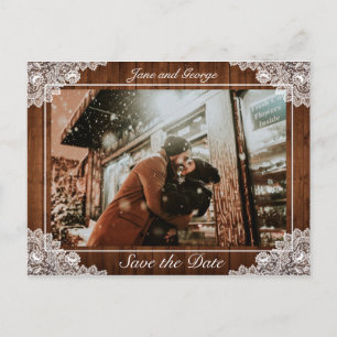 Cartão Postal De Anúncio Foto de casamento de madeira rústica e renda branc