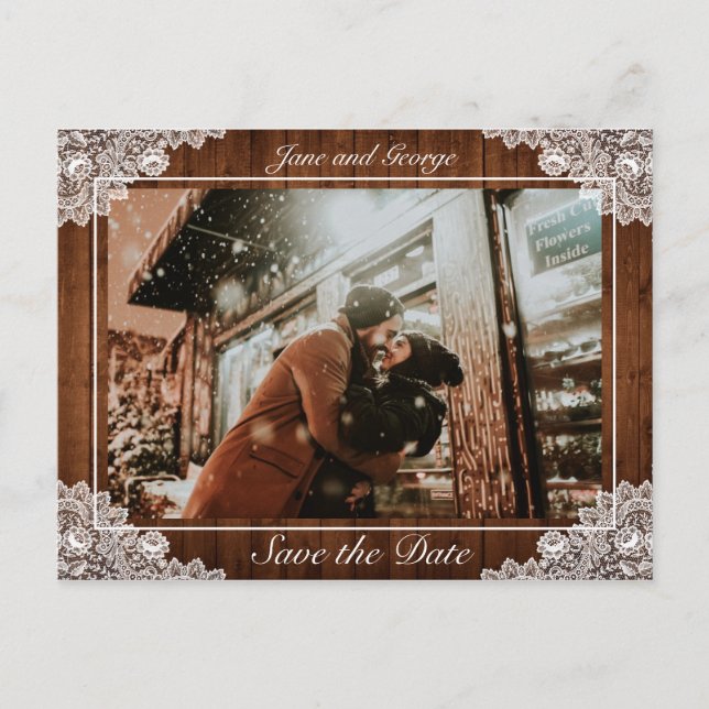 Cartão Postal De Anúncio Foto de casamento de madeira rústica e renda branc (Frente)