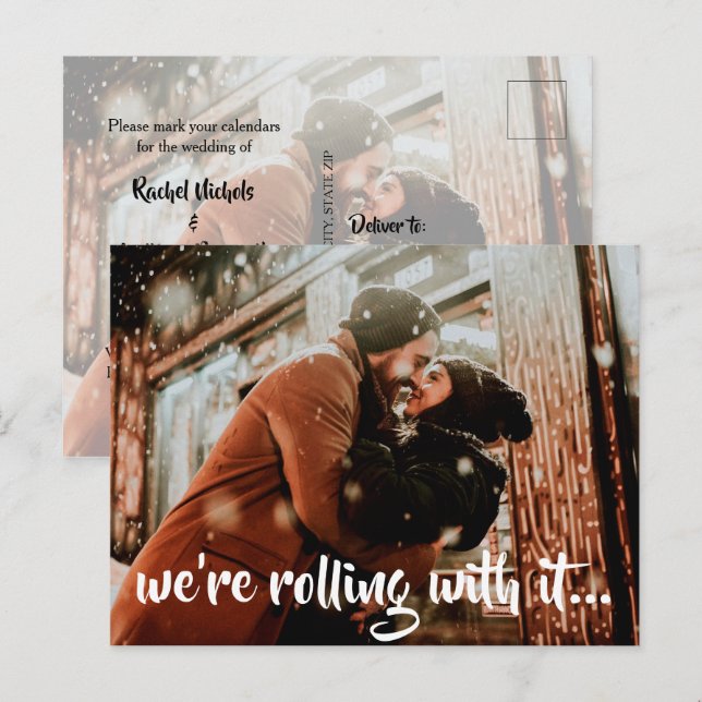 Cartão Postal De Anúncio Foto de Casamento de Script Branco Moderno Salvar  (Frente/Verso)