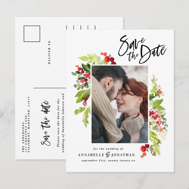 Cartão Postal De Anúncio Foto de folhagem verde com aquarela vermelha salva (Frente/Verso)