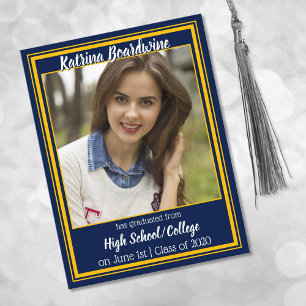 Cartão Postal De Anúncio Foto de Formatura com Cores Escolares Azul Marinho