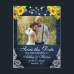Cartão Postal De Anúncio Foto de Luzes Azuis Rústicas de Girassol<br><div class="desc">Azul Rústico Luzes de Corda de Madeira Cor d'água Floral de girassol e verde Casamento de renda Salvar a data Cartão-postal</div>