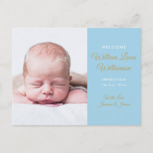 Cartão Postal De Anúncio Foto de Menino Bebê Moderno Script Dourado Nascime