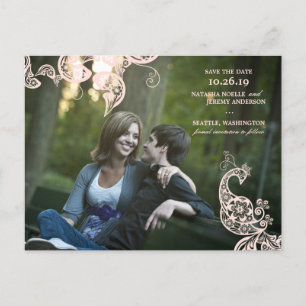 Cartão Postal De Anúncio Foto De Pavão Floral Rosa Vintage Salva A Data