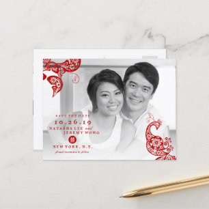 Cartão Postal De Anúncio Foto De Pavão Vermelho Chinês Salva A Data