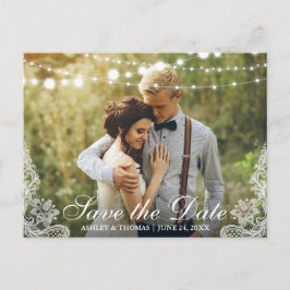 Cartão Postal De Anúncio Foto de Renda e Luzes de Corda para Salvar a Data