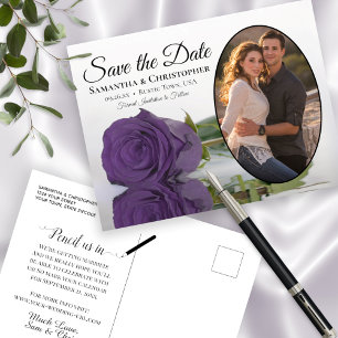 Cartão Postal De Anúncio Foto de Rosa Roxa Ameixa Elegante - Save The Date