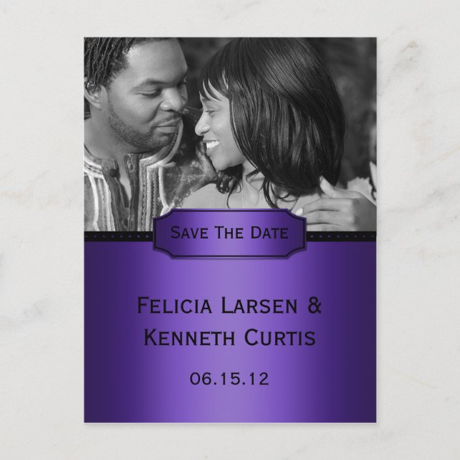 Cartão Postal De Anúncio Foto de Salvar Data em Gradiente Preto Roxo (Frente)