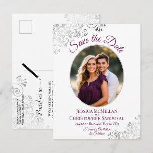 Cartão Postal De Anúncio Foto de Save the Date de casamento magenta e branc