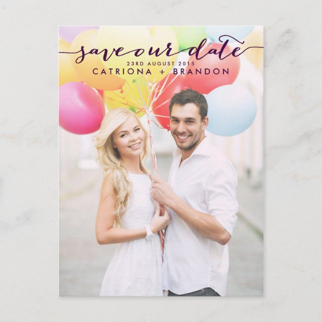 Cartão Postal De Anúncio Foto de Script Manuscrito Roxo Salva Nossa Data (Frente)