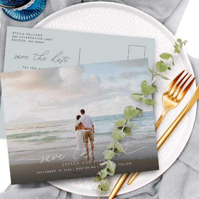 Cartão Postal De Anúncio Foto De Script Moderno Elegante Salvar O Casamento (Elegant Modern Script Photo Save The Date Wedding Announcement Postcard)