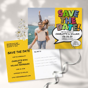 Cartão Postal De Anúncio Foto Divertida de Save the Date de Quadrinhos