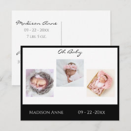 Cartão Postal De Anúncio Foto do bebê Black Boy ou Girl Script Stats Birth