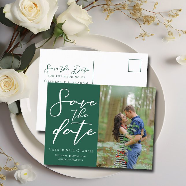 Cartão Postal De Anúncio Foto do Casal em Verde Esmeralda na Floresta Salva (Criador carregado)