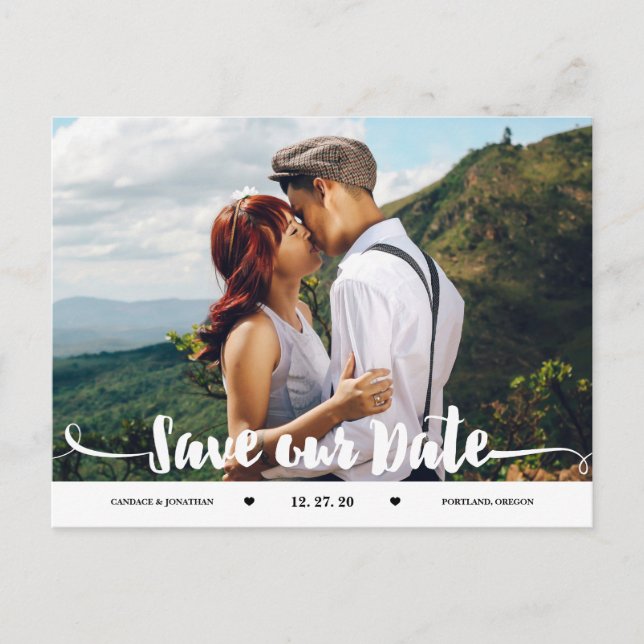 Cartão Postal De Anúncio Foto do Script de Pincel Manuscrito Salvar a Data (Frente)