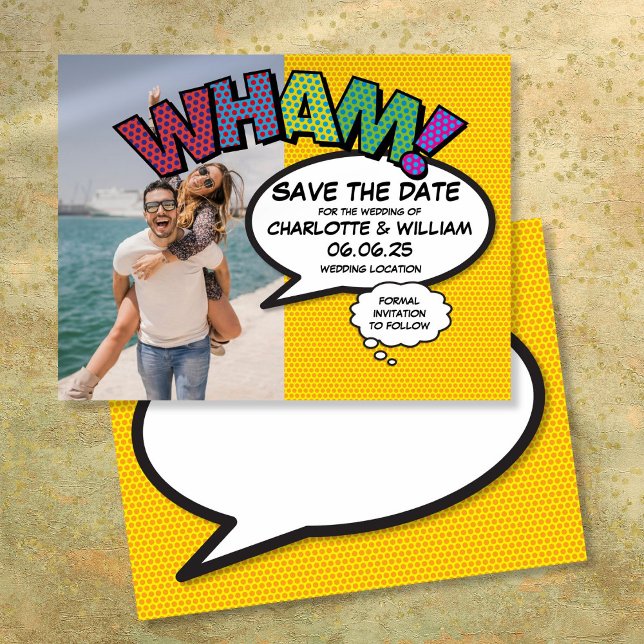 Cartão Postal De Anúncio Foto do WHAM Salve a data divertida da revista em  (WHAM Photo Save the Date Fun Modern Comic Book)