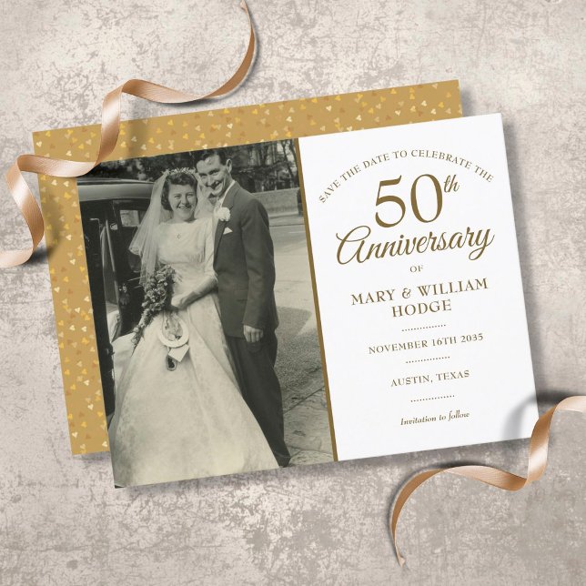 Cartão Postal De Anúncio Foto Dourada de casamento de 50 anos Salvar a data (Criador carregado)