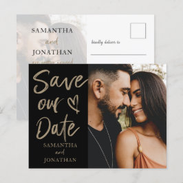 Cartão Postal De Anúncio Foto Dourada Elegante Salve nosso Casamento de Dat