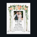 Cartão Postal De Anúncio Foto Floral Branca de Coral de Watercolor do Casam<br><div class="desc">Anúncio de Noivado Floral de Casamento Floral Branco Cor de Água da Cobra Branca de Casamento Elegante Salve O Cartão-Postal de Data inclui belos corais e rosas brancas. O arco da copa do casamento da madeira inclui vegetação botânica. Foto do casal.</div>