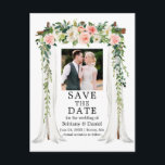 Cartão Postal De Anúncio Foto Floral Branco Cor-de-Água Rosa-Rosa-Casada<br><div class="desc">Anúncio do Noivado Floral de Casamento Branco Cor de Água,  Cor de Cobra Branca,  Elegante De Casamento Salve O Cartão-Postal de Data inclui lindas rosas rosa e brancas. O arco da copa do casamento da madeira inclui vegetação botânica. Foto do casal.</div>