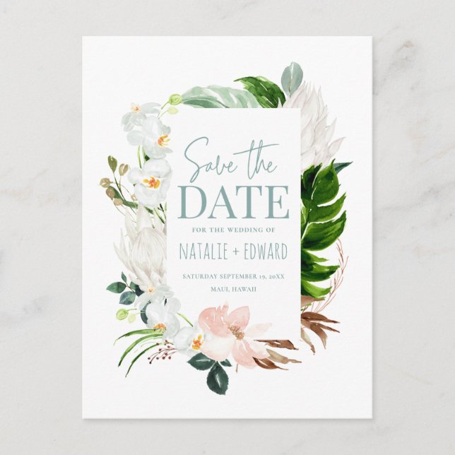 Cartão Postal De Anúncio Foto floral tropical rosa, azul-turquesa e orquíde (Frente)