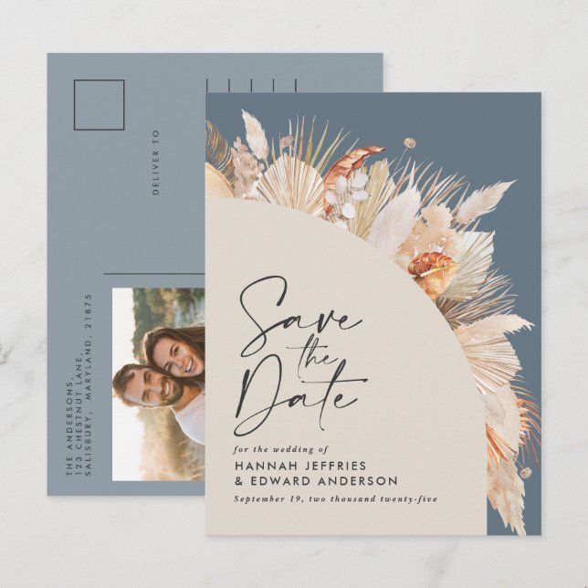 Cartão Postal De Anúncio Foto moderna boêmia de grama pampas azul empoeirad (Frente/Verso)