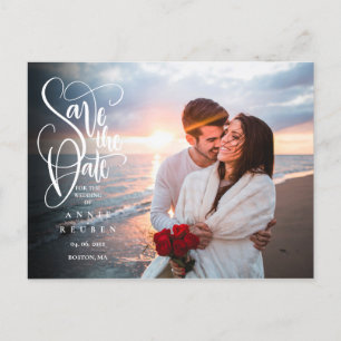 Cartão Postal De Anúncio Foto Moderno Save the Date Elegante Branco Script