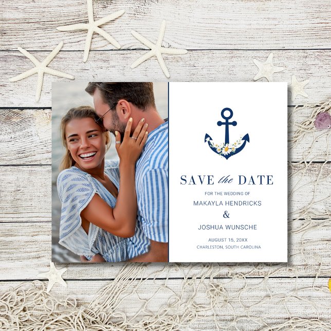 Cartão Postal De Anúncio Foto Náutica de Casamento de Praia Salvar a Data (Nautical Beach Wedding Photo Save the Date)