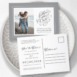 Cartão Postal De Anúncio Foto para salvar a data Cinza e casamento elegante