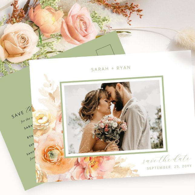 Cartão Postal De Anúncio Foto Peach Blush e Casamento Verde Salvem a Data (Criador carregado)