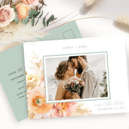 Cartão Postal De Anúncio Foto Peach Blush e Sage Wedding Salvar a Data