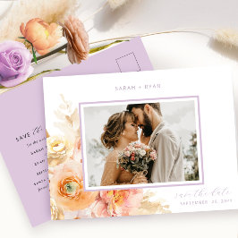 Cartão Postal De Anúncio Foto Peach Blush Lavanda Casamento Salve a Data