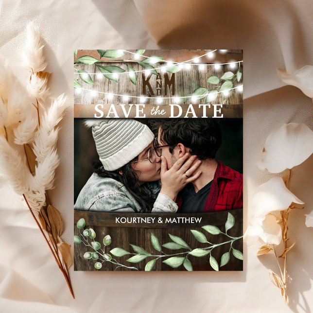 Cartão Postal De Anúncio Foto Rústica Save the Date | Casamento Verde (Criador carregado)