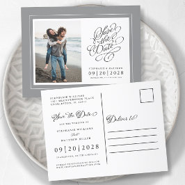 Cartão Postal De Anúncio Foto Salve o Dia Cinza e Branco Casamento Elegante
