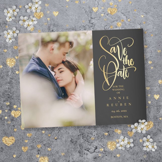Cartão Postal De Anúncio Foto Save the Date Elegante Rascunho Dourado (Photo Save the Date Elegant Gold Script Announcement Postcard)