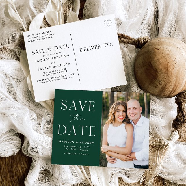 Cartão Postal De Anúncio Foto Verde da Elegance Moderna Salva a Data (Criador carregado)