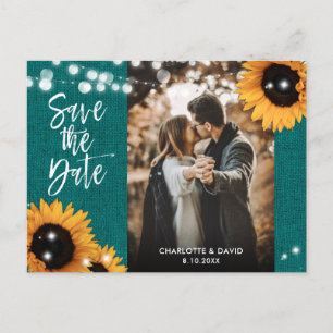 Cartão Postal De Anúncio Fotografia de Casamento com Girassol em Verde Água
