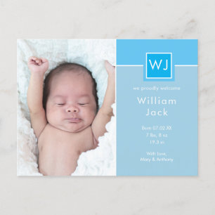 Cartão Postal De Anúncio Fotos de Bebê Menino Azul Elegante Chic Monograma