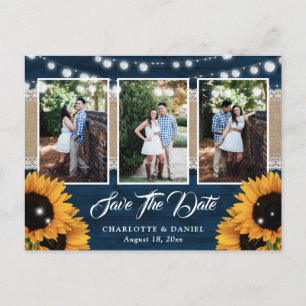 Cartão Postal De Anúncio Fotos de casamento de girassóis de madeira rústica
