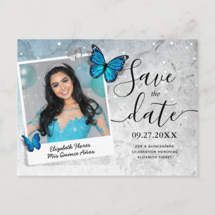 Cartão Postal De Anúncio Fotos de Quinceanera com Borboleta Azul Salve a Da