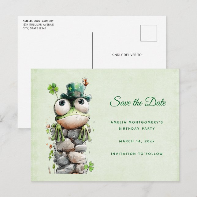 Cartão Postal De Anúncio Frog with Green Hat and Shamrock Cute (Frente/Verso)