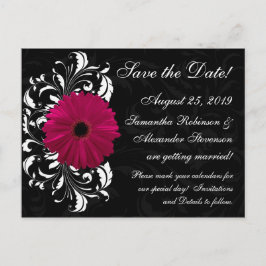 Cartão Postal De Anúncio Fuchsia Scroll Gerbera Daisy Black Salvar Data