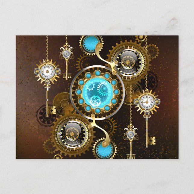 Cartão Postal De Anúncio Fundo Rusty Steampunk com Lentes Turquesa (Frente)