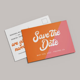 Cartão Postal De Anúncio Funky Retro Orange Pink Casamento Salvar A Data