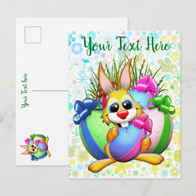 Cartão Postal De Anúncio Funny Bunny biting an Easter Egg (Frente/Verso)