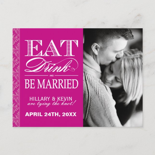 Cartão Postal De Anúncio Fuschia Damask Moderno Salvar a Data (Frente)