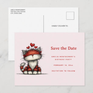 Cartão Postal De Anúncio Gato Fofo com Corações de Amor Vermelhos