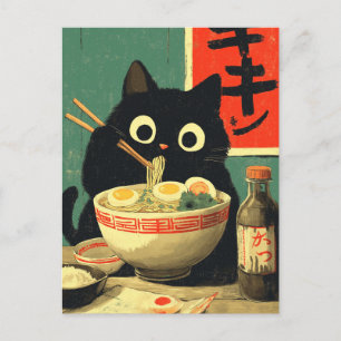 Cartão Postal De Anúncio Gato Preto Engraçado Comendo Ramen