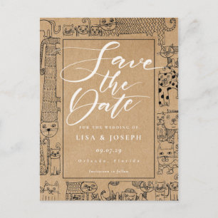 Cartão Postal De Anúncio Gatos Rustic Kraft Script Salvar Data